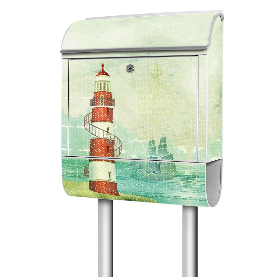 banjado Postkasten mit Standfuß und Motiv Alter Leuchtturm, weiß und mehrfarbig, B/T/H: 38 x 16 x 161,5 cm - Bild 1