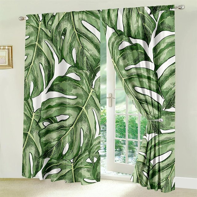 2er-Set tropische Vorhänge im hawaiianischen Stil mit Blättermuster, beige/grün, B: 35 cm, H: 100 cm - Bild 1
