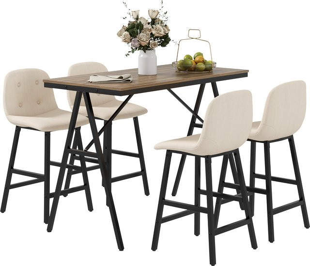 HOMCOM Bartisch mit 4 Stühlen und Barhockern, 5-teiliges Essgruppen-Set im Industrie-Design für Küche und Wohnzimmer, Beige, B/T/H: 120 x 60 x 91 cm - Bild 1