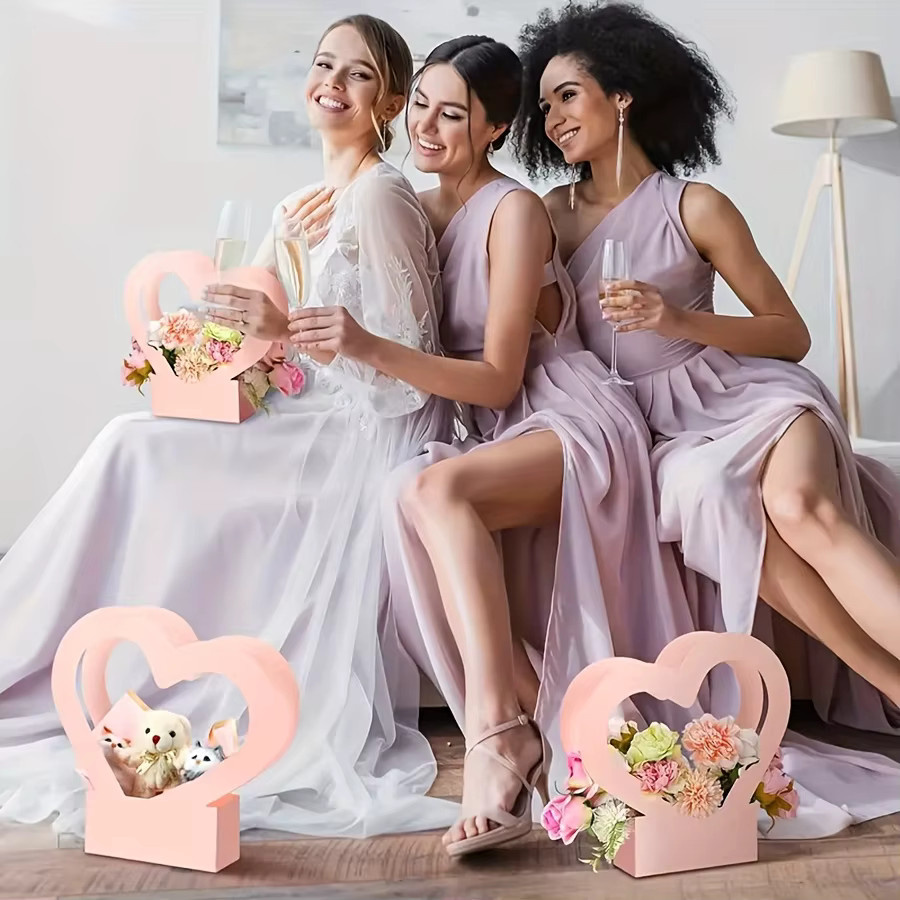 5 herzförmige Geschenkboxen aus Papier in Pink mit Fenster und Papiergriff für Hochzeiten und Brautpartys - Bild 3