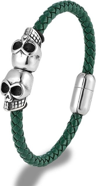 Armband Herren, schwarzes geflochtenes Leder, Totenkopf, Edelstahl, 23cm - Bild 1