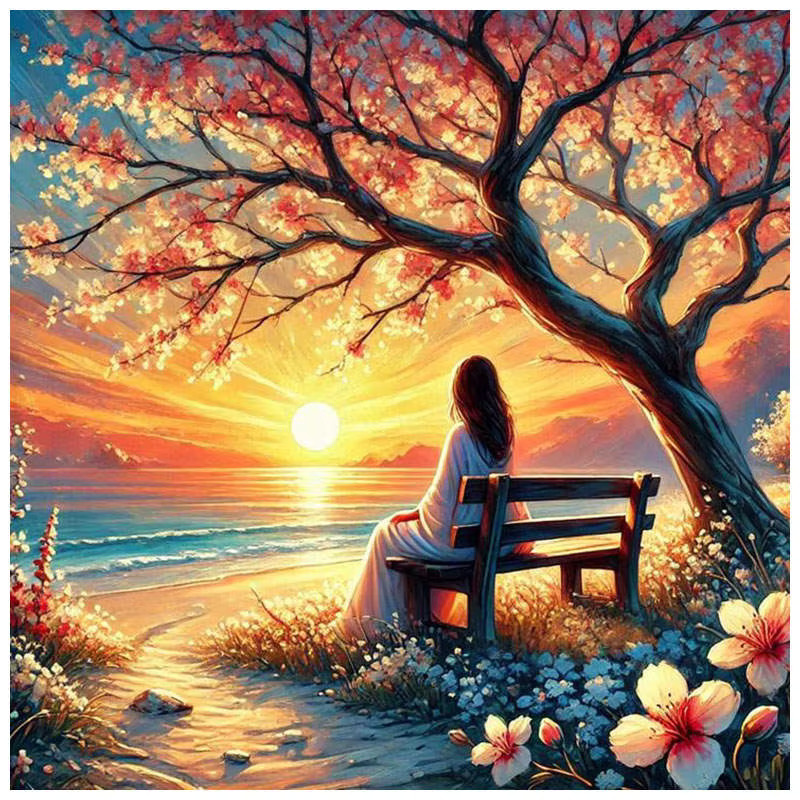 HUACAN Diamant-Malerei Set Friedlicher Sonnenuntergang mit Frau, 5D Diamant-Stickerei und 3D-Mosaik-Kunst-Dekor aus Acryl, B/H: 20 x 20 cm - Bild 5