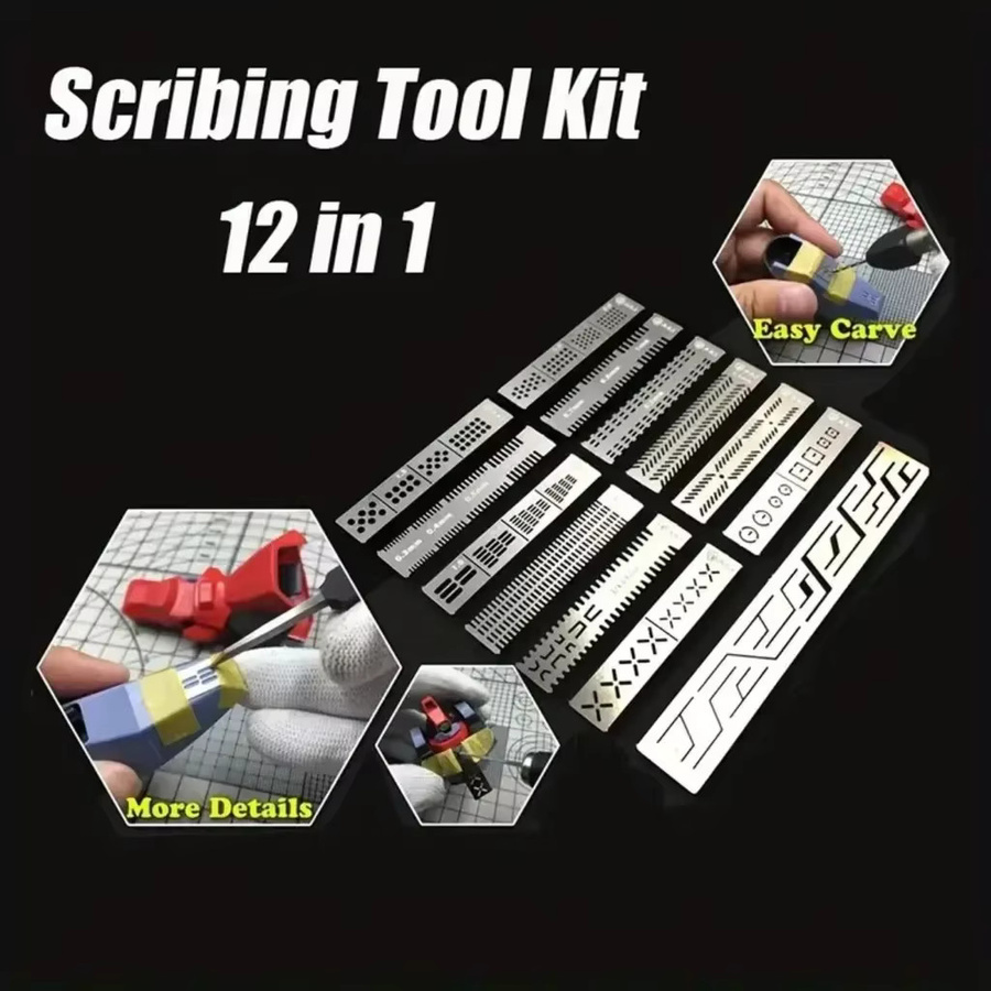 13-in-1 Präzisions-Schnitzlineal aus Metall als Bohrloch-Detailer und Schreiblinien-Schablone für DIY-Modellbau und Hobby-Projekte - Bild 2