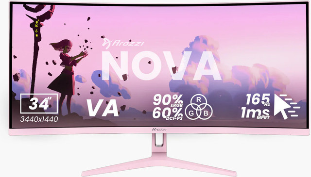 Arozzi Nova Gaming-Monitor, 34 Zoll, Curved, WQHD, VA, 165 Hz, Pink - Bild 1