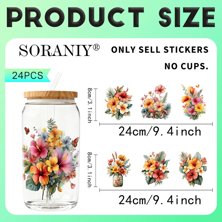 24-teiliges UV-DTF-Transferpapier-Set mit Sommerblumen-Motiven in Multicolour für 16oz Wasserflaschen - Bild 2
