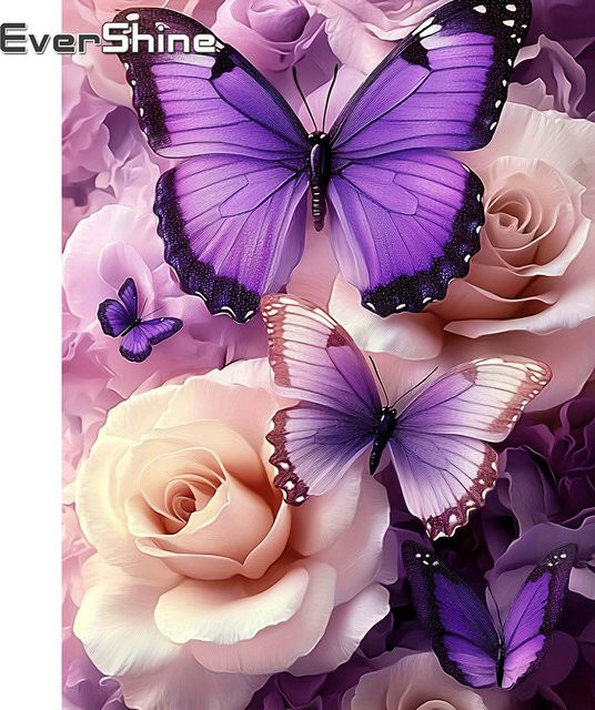 EverShine Diamond Painting Set Schmetterling und Rose mit Rundsteinen als DIY Mosaik-Stickerei B/H: 30 x 30 cm - Bild 1