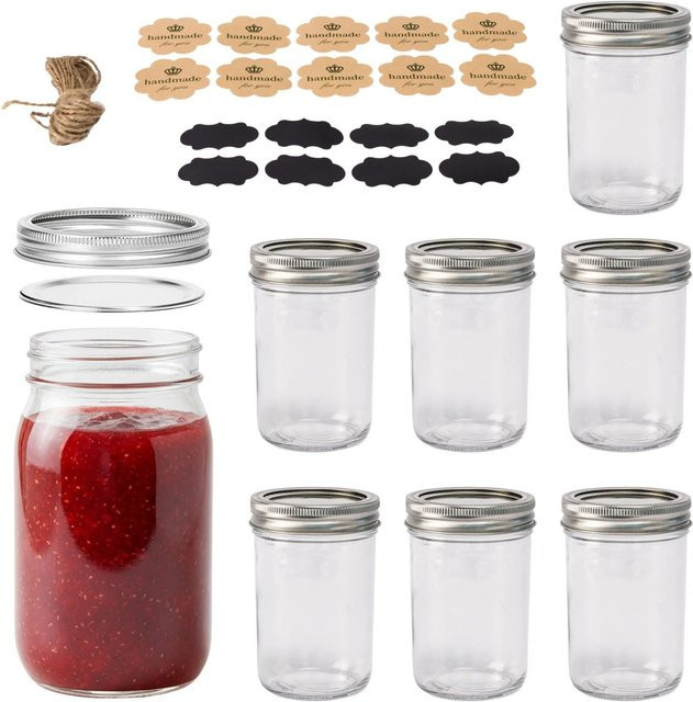 Relaxdays Einmachgläser Set mit Deckel aus Glas und Metall, 8er Set, Transparent/Silber, Luftdicht, 500 ml pro Glas - Bild 1
