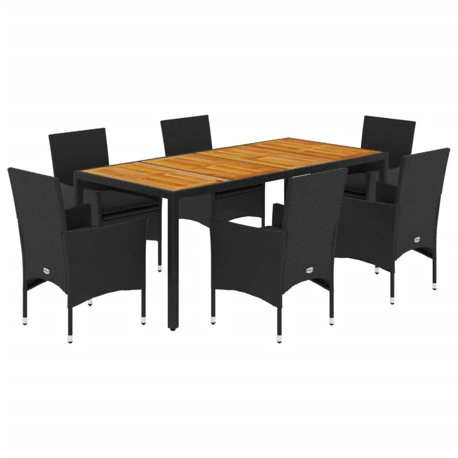vidaXL 7-teilige Garten-Essgruppe aus Poly-Rattan und Akazienholz in Schwarz mit Kissen - Bild 2