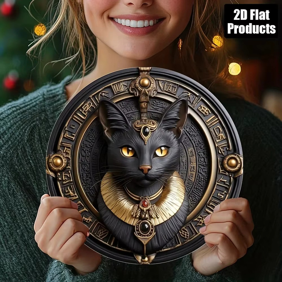 CIFBUY Vintage Ägyptische Schwarze Katze Wandkunst aus Metall, Rundes Aluminium-Schild in Schwarz und Gold mit Sphinx-Motiv - Bild 5