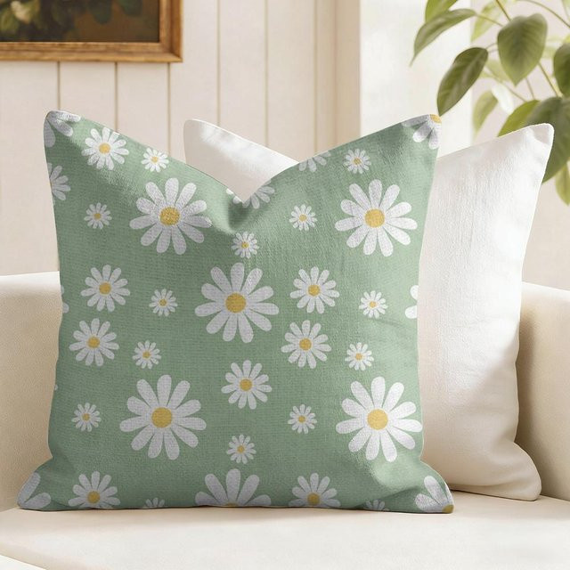 HWX Kissenbezug mit Gänseblümchen Muster in Grün, doppelseitig bedruckter Leinen-Look für Sofa und Heimdeko, B/B: 50 x 50 cm - Bild 1