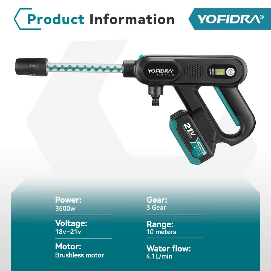 YOFIDRA Bürstenloser elektrischer Hochdruck-Autowascher in Schwarz, kabellose Spritzpistole für Makita 21V Akku mit 220 Bar - Bild 2