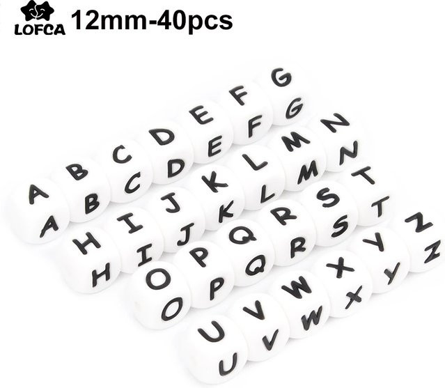 LOFCA 40 Stück Alphabet-Silikon-Buchstabenperlen in Weiß und Multicolour, 12 mm, BPA-freie Zahnungsperlen für Beißringe und Stillzeit-Zubehör - Bild 1