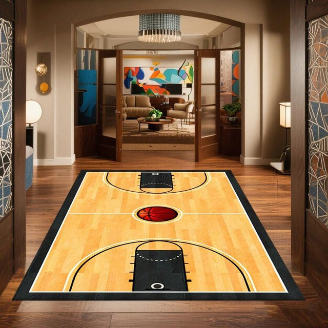 LjqEleven Teppich mit Basketballplatz-Design in Holzoptik, rutschfest und waschbar, B/T: 60 x 90 cm - Bild 1