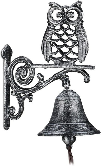 Relaxdays Türglocke aus Gusseisen mit Eule in Silber im antiken Stil, Breite: 26,5 cm, Höhe: 19 cm, Tiefe: 11 cm - Bild 1