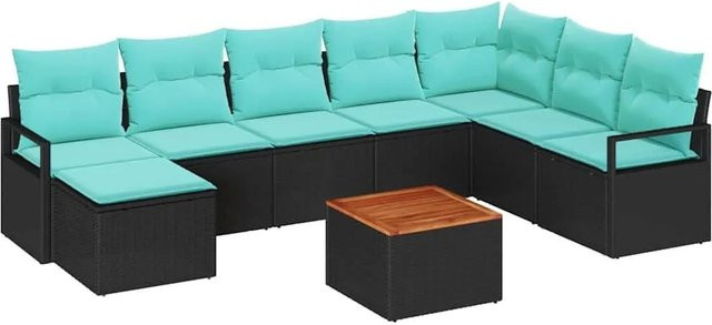 vidaXL Gartensofa-Set 9-teilig aus Poly-Rattan in Schwarz mit türkisen Kissen und wetterfestem Outdoor-Stoff für Garten und Terrasse - Bild 1