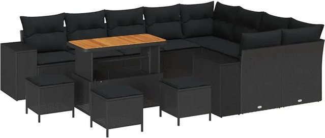 vidaXL Garten-Sofa-Set 13-teilig in Schwarz aus Poly-Rattan und Akazienholz mit Polstern in U-Form - Bild 1