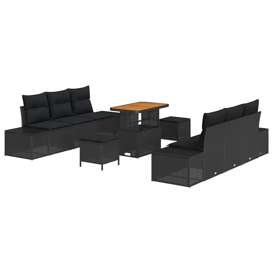vidaXL Garten-Sofa-Set aus Polyrattan und Stahl in Schwarz, 9-teiliges Lounge-Set mit UV-beständigen und abnehmbaren Kissen, bestehend aus 4 Seitensofas, 2 Zentralsitzen, 2 Hockern und einem Tisch - Bild 2