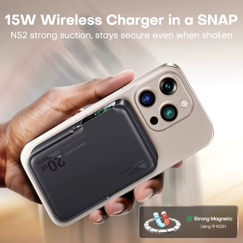QOOVI Qi2 Wireless Power Bank 10000 mAh mit PD20W Schnellladefunktion, Tragbares Ladegerät in Schwarz für iPhone, Samsung, iWatch und AirPods - Bild 2