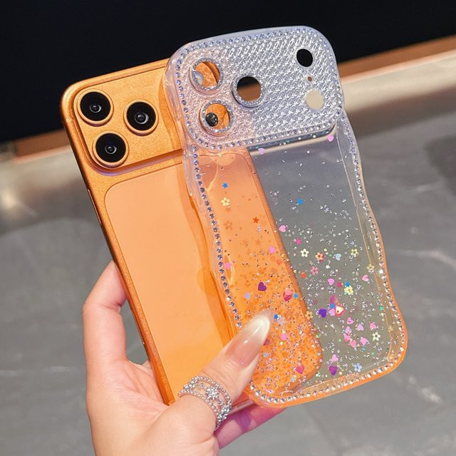 Ästhetische iPhone Hülle mit Schmetterlings-Design in Orange, 3D-Gelkunst mit Glitzer und Strassrand sowie vollständigem Kameraschutz für Apple iPhone 14 15 16 17 Pro Max Plus - Bild 1