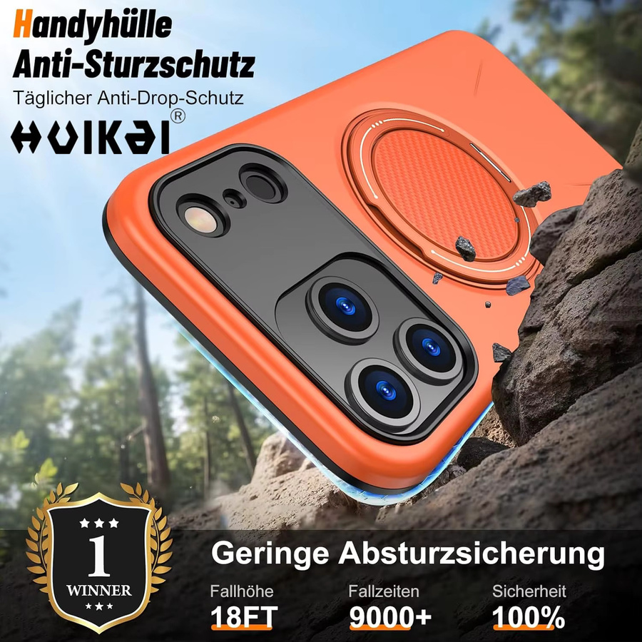 Huikai Magnetische Schutzhülle mit Ringhalter und Ständer für iPhone 17 Pro Max, iPhone 17 Pro und iPhone 16 Pro Max, doppellagig und stoßfest, Schwarz oder Orange - Bild 4