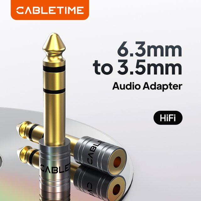 CABLETIME Audio-Adapter 6,35 mm Klinke auf 3,5 mm Mikrofon-Audiostecker in Gold für Verstärker, Lautsprecher und AUX-Kabel - Bild 1