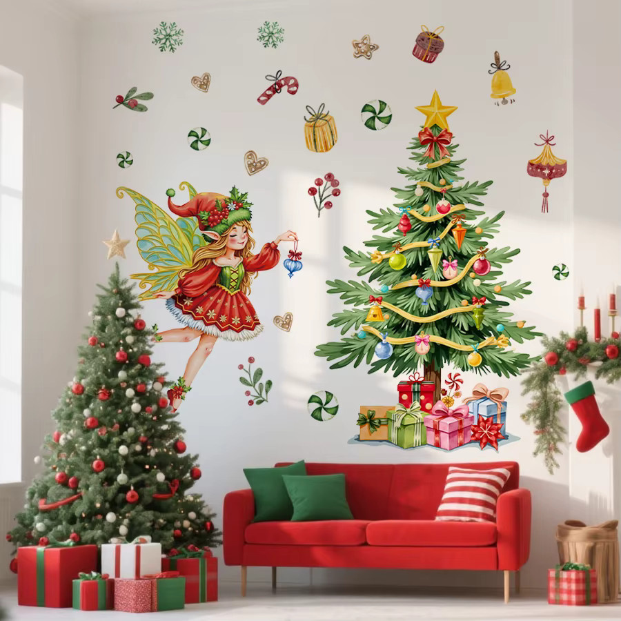 BRUP Weihnachts-Wandaufkleber mit Fee, Baum und Geschenkstapel, selbstklebend und abnehmbar, Mehrfarbig - Bild 4