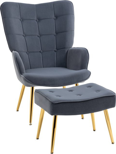 HOMCOM Sessel mit Fußhocker aus Samt in Dunkelgrau mit goldfarbenen Stahlbeinen und hoher Rückenlehne für Wohnzimmer und Schlafzimmer - Bild 1