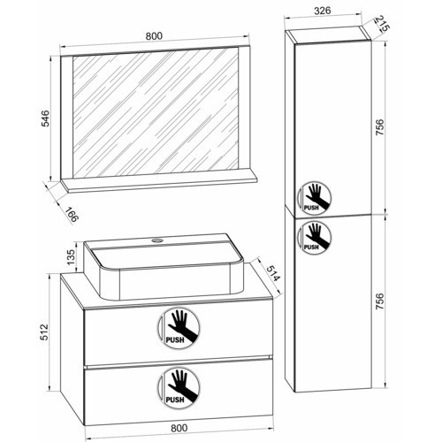VCM Waschplatz-Set Lendas 4-tlg. in Anthrazit und Grau mit Keramik-Waschtisch, Unterschrank, Spiegel und Schubladen, Breite: 80 cm - Bild 3