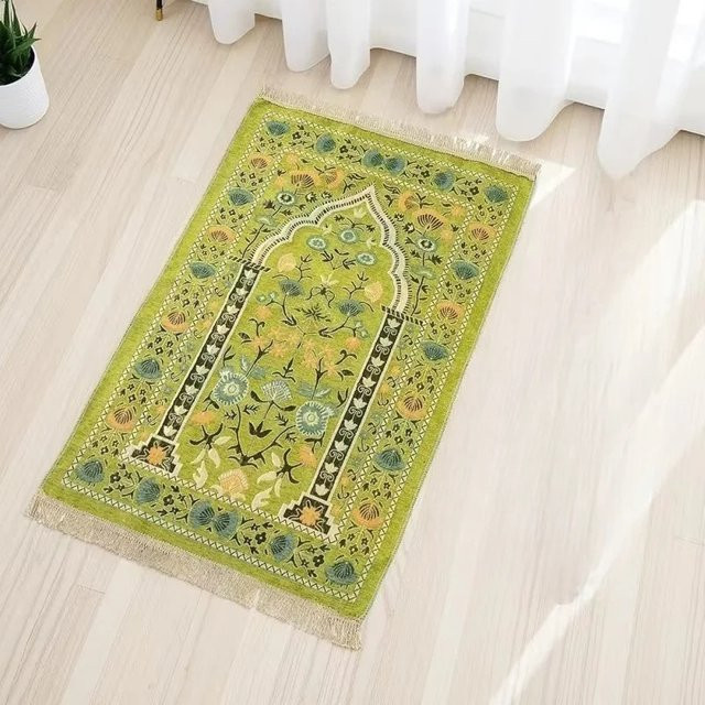 VIKAMA Faltbarer Muslimischer Gebetsteppich im Orientalischen Vintage-Stil, Gold/Grün, Rechteckig - Bild 1