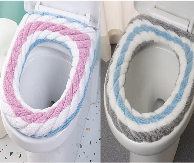 WTEMPO Toilettenring Set aus verdicktem Plüsch, rosa gestreift, für ovale Toilettendeckel, waschbar - Bild 1