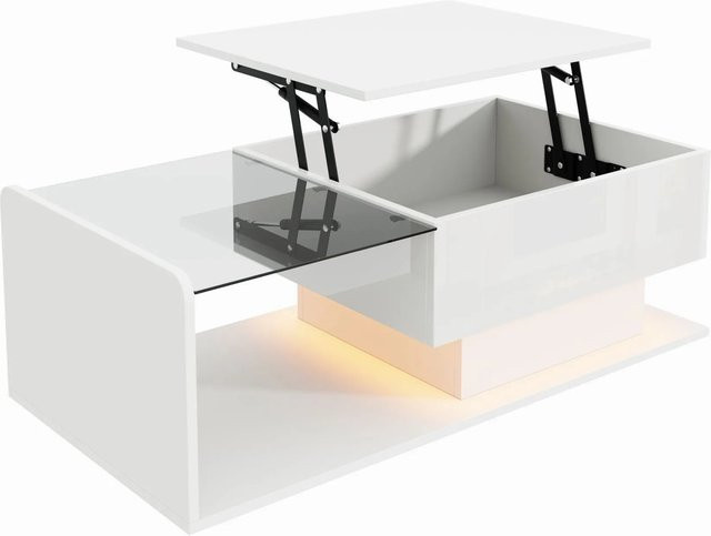 okwish Couchtisch mit Glasplatte und LED-Effekt in Weiß, modern und höhenverstellbar, B/T: 100 x 50 cm - Bild 1