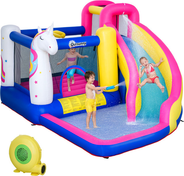 Outsunny Hüpfburg mit Gebläse und Rutsche, Wasserpark, Oxford-Polyester-Gewebe, ab 3 Jahren - Bild 1