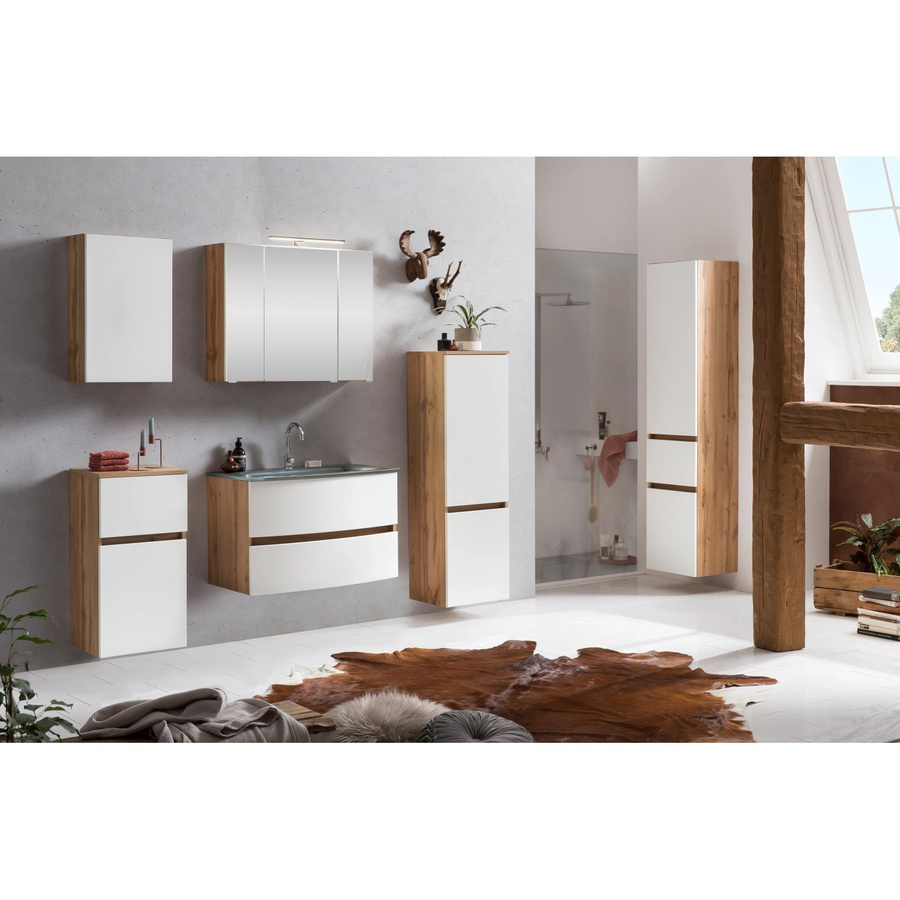 Held Möbel Waschtisch-Set Salerno 2-tlg. in Weiß und Wotaneiche mit Glasbecken und Spiegelschrank, Breite: 80 cm - Bild 2