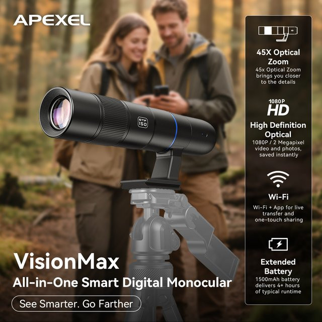 APEXEL ETF150 Digitales Teleobjektiv Monokular mit 45X optischem Zoom in Schwarz - Bild 1