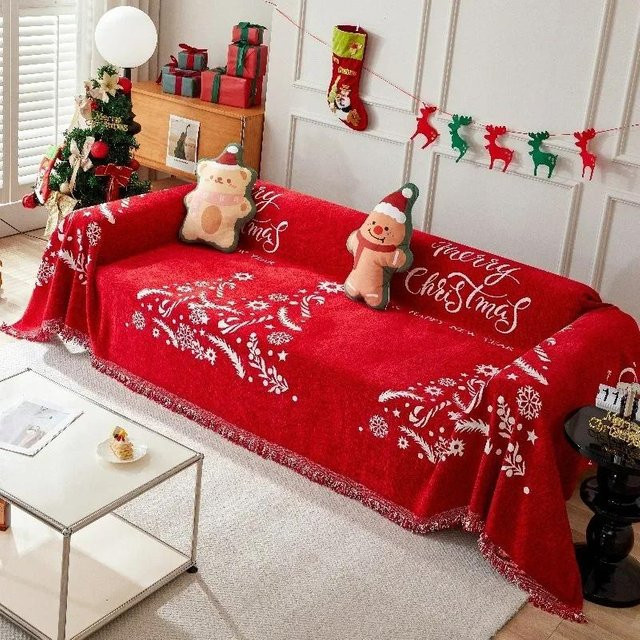 Weihnachtlicher Sofabezug aus Chenille in Rot für dein Wohnzimmer, universeller Schonbezug mit floralem Muster, Breite: 90 cm, Tiefe: 180 cm - Bild 1