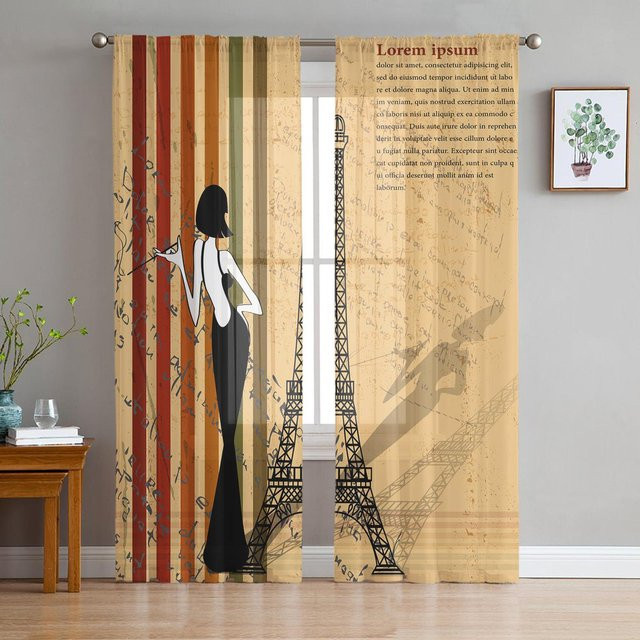 Super Six Chiffon-Vorhang mit Retro-Mädchen und Grammophon-Motiv, beige, B: 135 cm, H: 114 cm - Bild 1