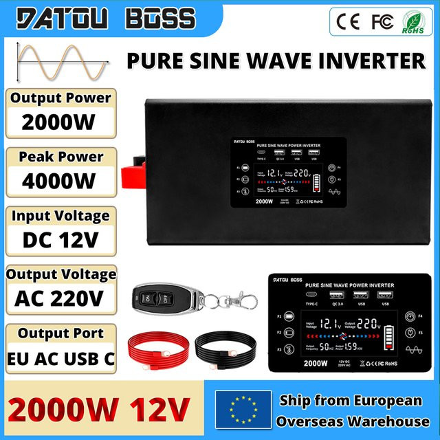 DATOUBOSS 2000W 12V Reiner Sinus-Wechselrichter auf 220V AC Konverter mit LCD-Anzeige, USB und Fernbedienung, Schwarz - Bild 1
