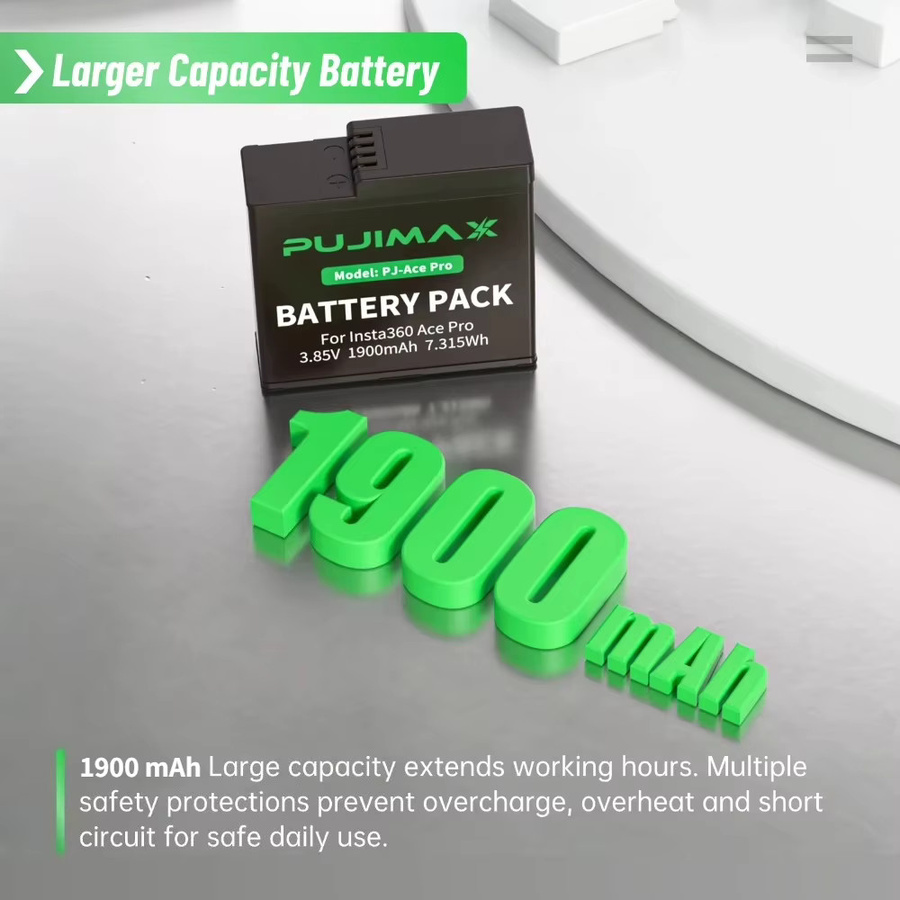 PUJIMAX Ersatzakku für Insta360 Ace Pro, 1900mAh, 3.85V, Schwarz - Bild 4