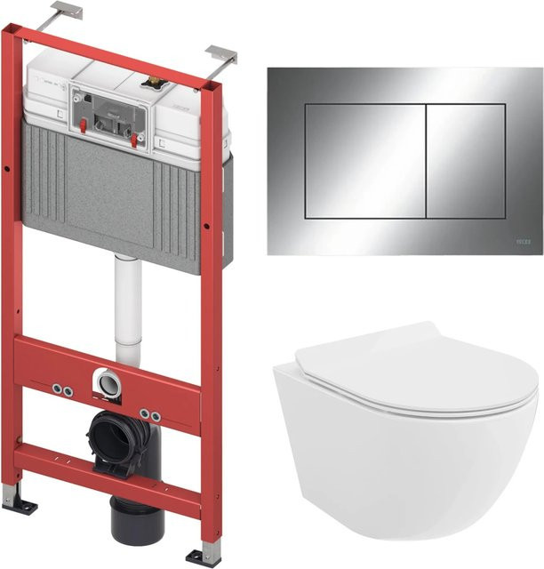 KOLMAN WC-Komplettset mit Vorwandelement und Betätigungsplatte in Chrom und Weiß, Wand-WC aus Keramik mit Rimless-Spülsystem und Soft-Close-Funktion - Bild 1