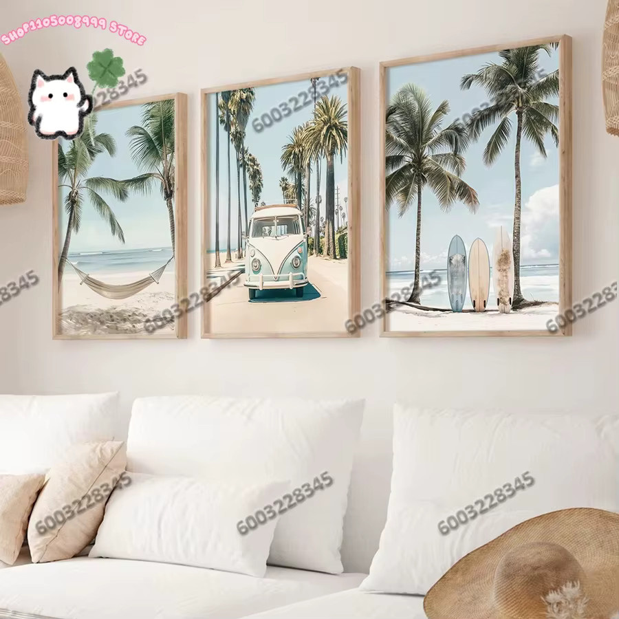 3-teiliges rahmenloses Wandbild Set mit tropischen Surfboards von Potdemiel in Blau und Multicolour für maritime Raumdekoration - Bild 2