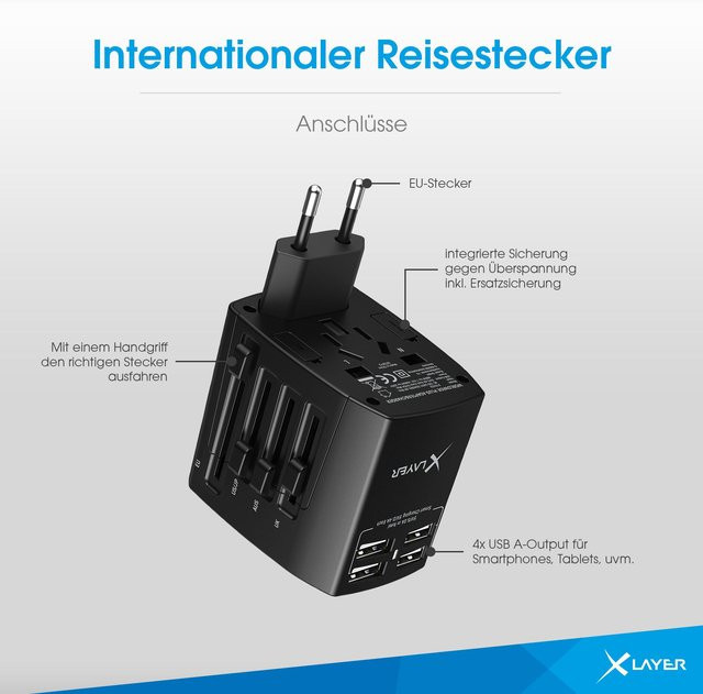 XLayer Internationaler Reisestecker Weltweit mit USB-A und USB-C in Schwarz - Bild 1