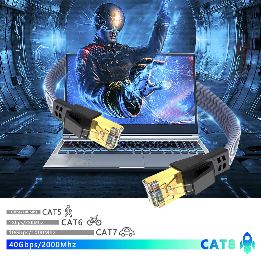 D-Sunty Ethernet-Kabel CAT8 mit 40 Gbit/s, Flachkabel mit RJ45-Stecker und geflochtenem Nylon-Netz, Schwarz/Grau, Länge: 3000 cm - Bild 2