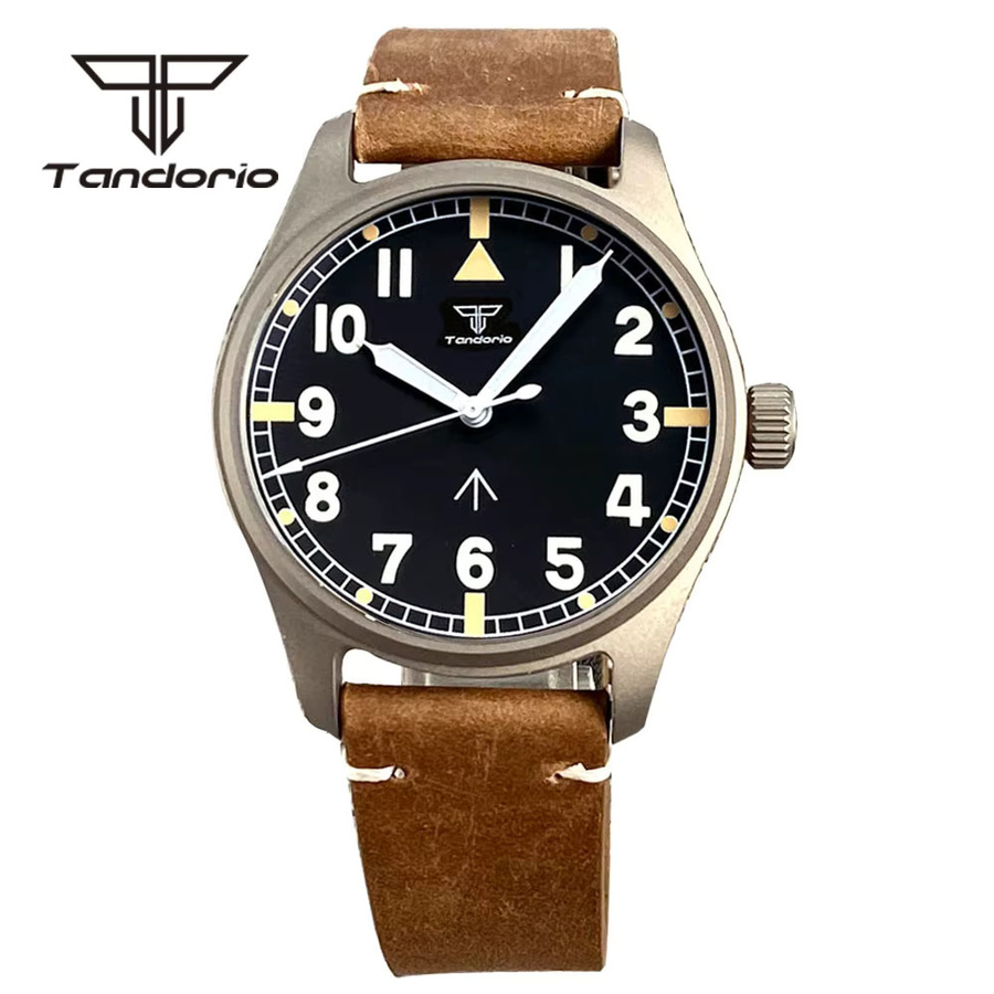 Tandorio Herren-Fliegeruhr, Titan, Automatik, 39 mm, Leder, Schwarz - Bild 3