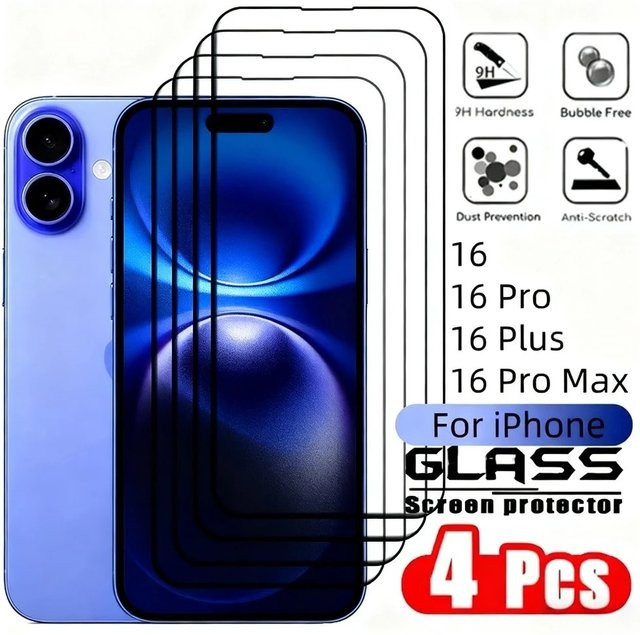 4 Stück Full Cover Displayschutzfolie aus gehärtetem Glas mit 9H Härte für Apple iPhone 17 16 15 14 13 12 11 Pro Max Plus XR XS in Transparent - Bild 1