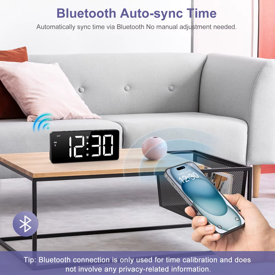 ORIA 7 Zoll LED-Wecker mit Bluetooth-Synchronisierung, digitaler Wecker mit Dual-Alarm und 5 Helligkeitsstufen in Schwarz - Bild 2