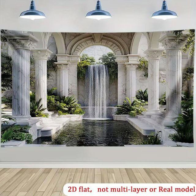 Klassischer Wandteppich mit römischem Motiv, Marmorbögen und Wasserfall in Weiß, B/H: 120 x 80 cm - Bild 1