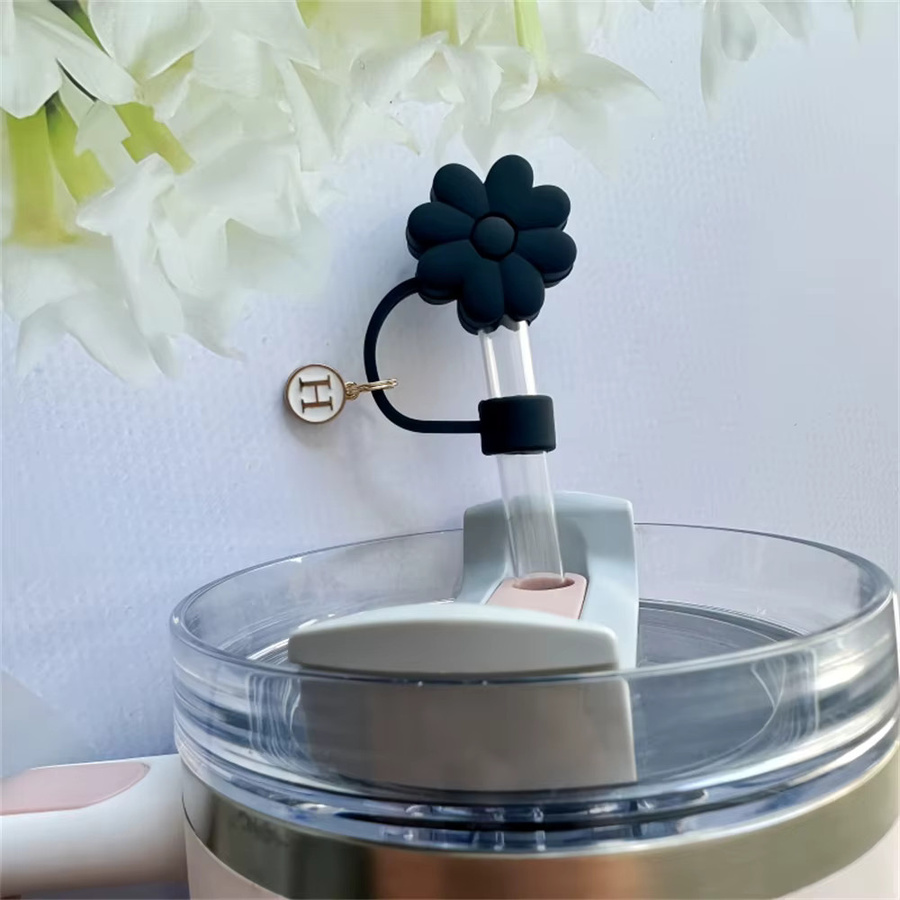 Seavidar Strohhalmverschluss aus Silikon mit Blumen-Design in Schwarz, staubdichte Strohhalm-Abdeckung für Glas- und Wasserflaschen - Bild 2