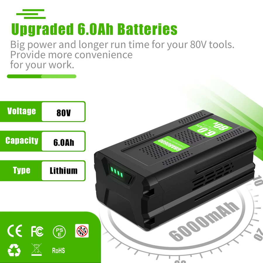 Greenworks GBA80600 80V Akku Ersatzbatterie mit 6000mAh, schwarz, kompatibel mit GBA80200 Akku-Elektrowerkzeugen - Bild 2