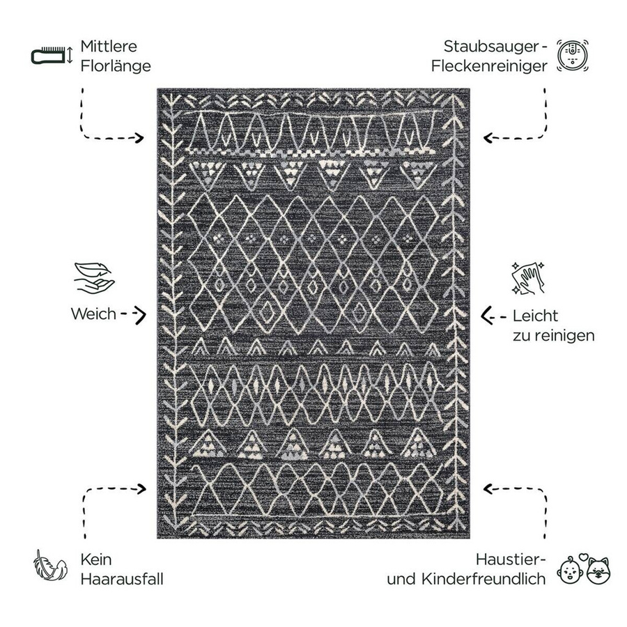 Sanat Teppich Schwarz Geometrisches BOHO Design Pflegeleicht und Fußbodenheizung geeignet Breite: 200 cm, Tiefe: 80 cm - Bild 3