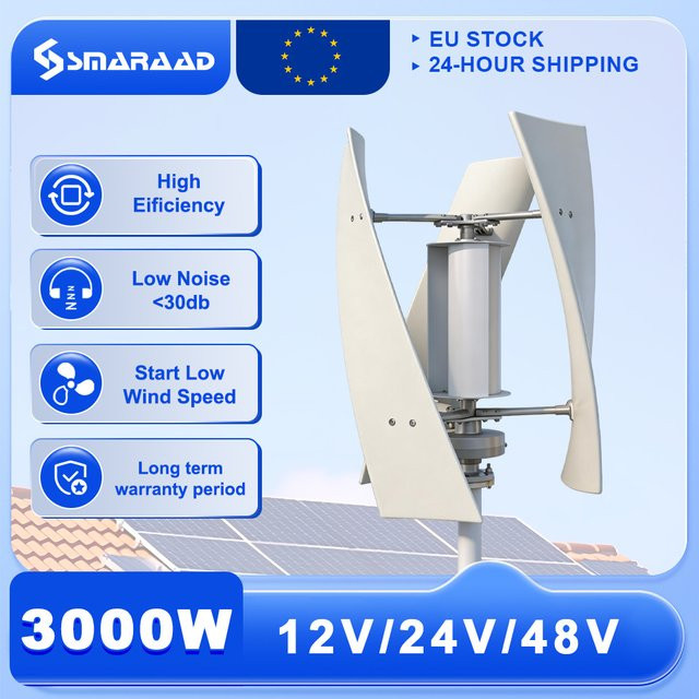 SMARAAD Vertikale Windturbine 3000W für Haushalt, 12V/24V/48V, 220V, Weiß mit Laderegler - Bild 1